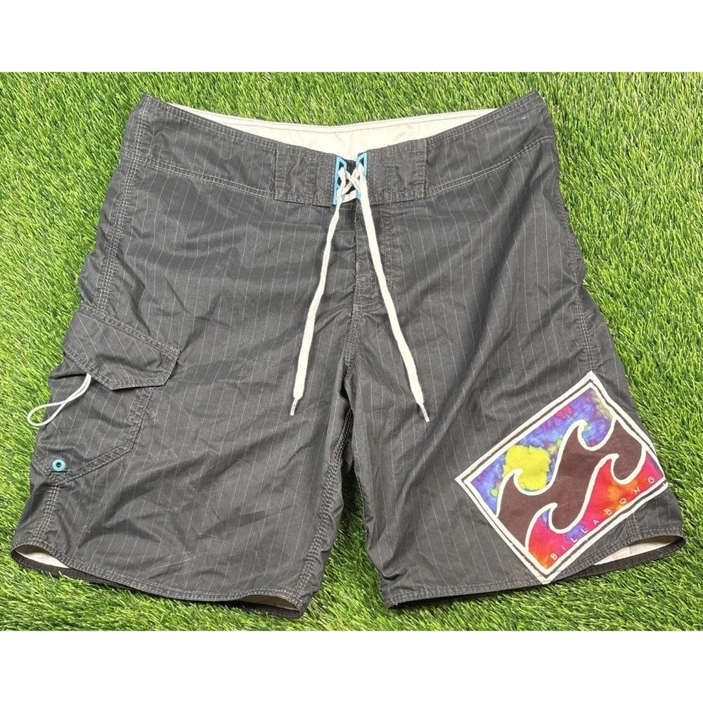 Billabong Men Swimwear 36 Black Striped Logo Embroidery Board Short Surfer
